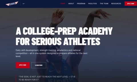 College-prep academy website homepage featuring athletes with text about skill development and strength training for serious athletes
