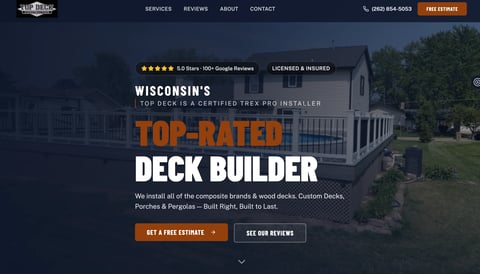 Wisconsins top-rated deck builder website showcasing a custom deck on a residential home with certification badges and call-to-action buttons