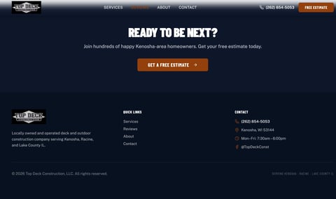 Website footer section promoting a free estimate for construction services with contact information and links