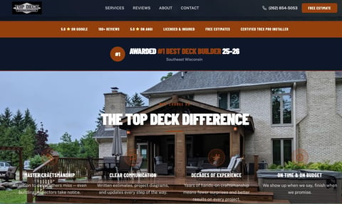 Award-winning deck builder website showing modern deck construction on brick house with landscaping and key service features listed below