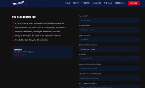 Recruitment webpage showing job description with qualifications and application form on dark background