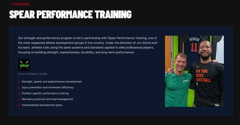 Spear Performance Training webpage showing strength program details with two athletes in training gear next to colorful resistance bands